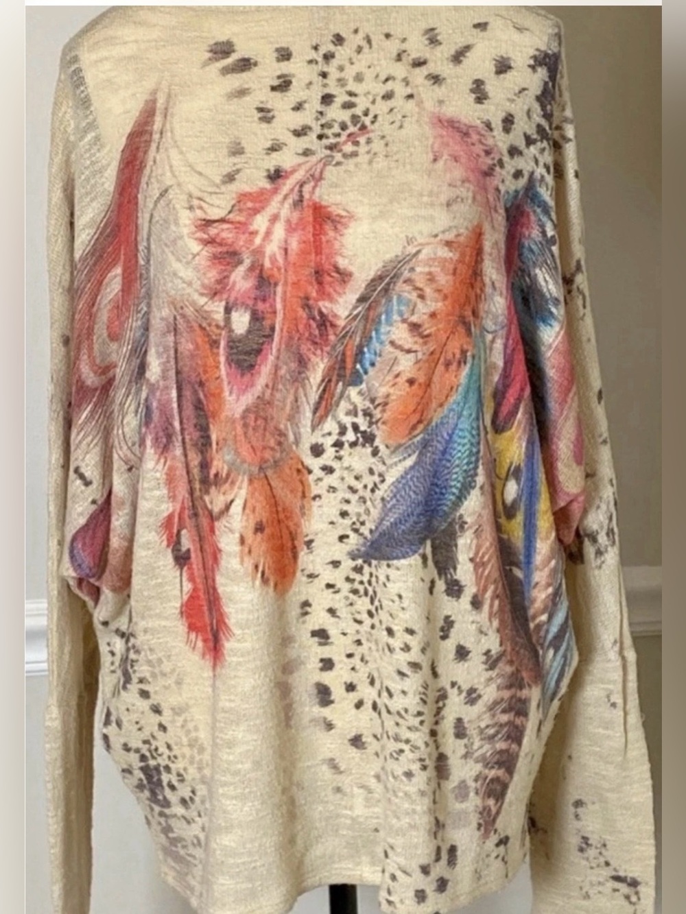 Vintage Feather & Cheetah Print Knit V Neck Slouchy Top Made in USA Large-XL - Picture 3 of 10